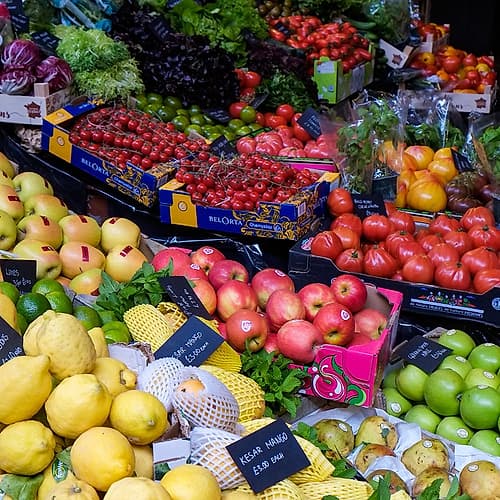 London, England, Great Britain. Borough Hall Market, fresh food, vendors and produce market. European Print